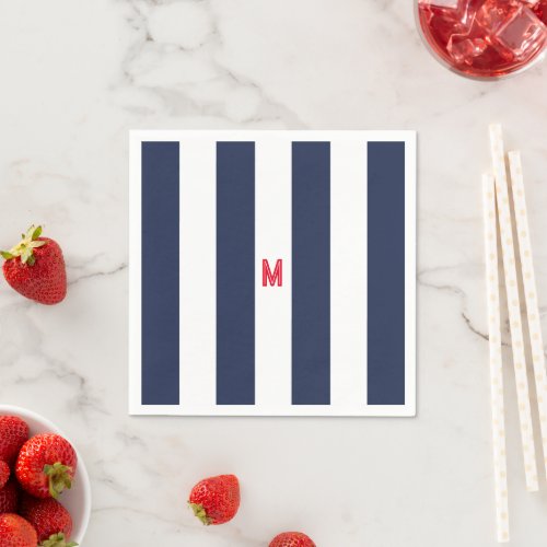 Navy Cabana Stripe  Personalized Red Monogram Napkins