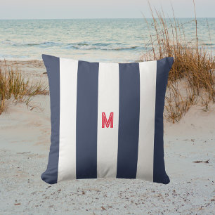 Navy Cabana Stripe & Personalized Red Monogram Outdoor Pillow
