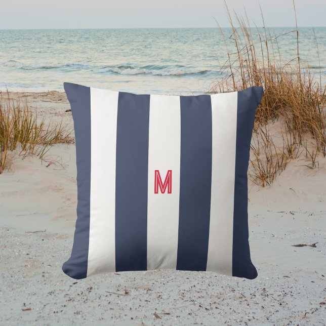 Navy Cabana Stripe & Personalized Red Monogram Outdoor Pillow (Creator Uploaded)