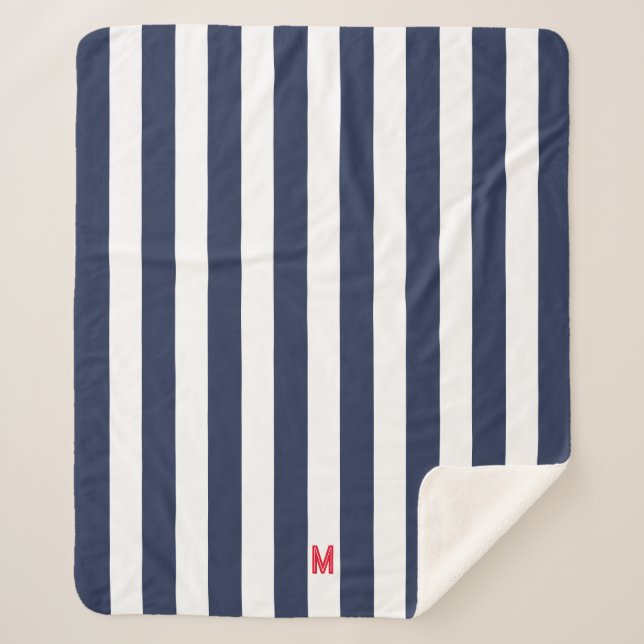 Navy Cabana Stripe & Personalized Red Monogram Sherpa Blanket (Front)