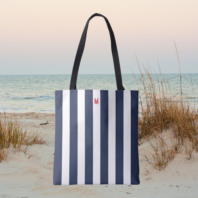 Navy Cabana Stripe & Personalized Red Monogram Tote Bag (Creator Uploaded)