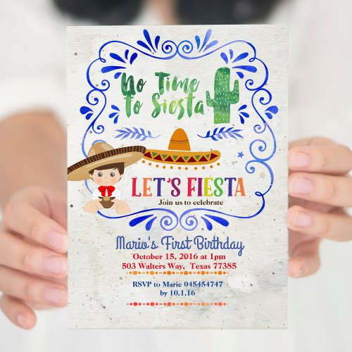 Navy Cactus Boy Mexican Fiesta 1st Birthday Invitation