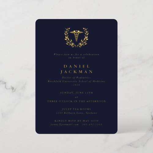 Navy Caduceus  Laurel Medical School Graduation Foil Invitation