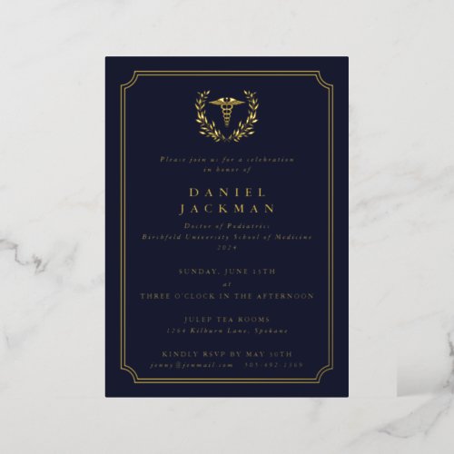 Navy CaduceusLaurel Medical School Graduation Foil Invitation