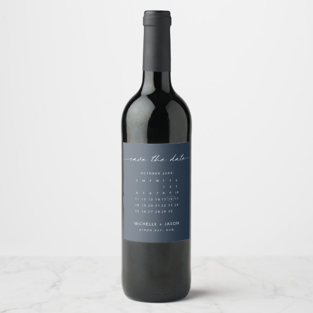 Navy calendar Save the Date Wine Label (Front)