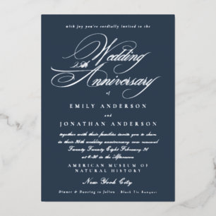 Navy Calligraphy 25th Wedding Anniversary Silver Foil Invitation