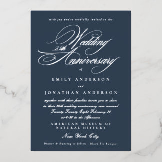 Navy Calligraphy 25th Wedding Anniversary Silver Foil Invitation