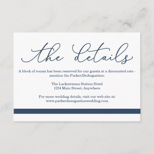 Navy Calligraphy Information Enclosure Card - Simple elegance.  Beautiful calligraphy in navy with a solid navy accent.