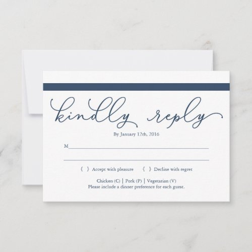 Navy Calligraphy Invitation Reply Card Insert - Simple elegance.  Beautiful calligraphy in navy with a solid navy accent.