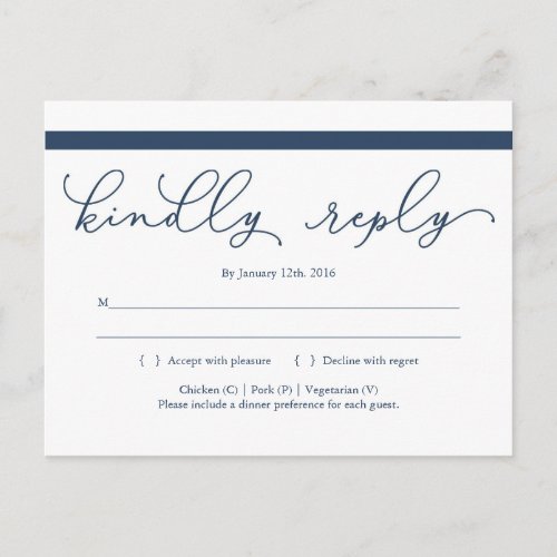 Navy Calligraphy RSVP Postcard - Simple elegance.  Beautiful calligraphy in navy with a solid navy accent.