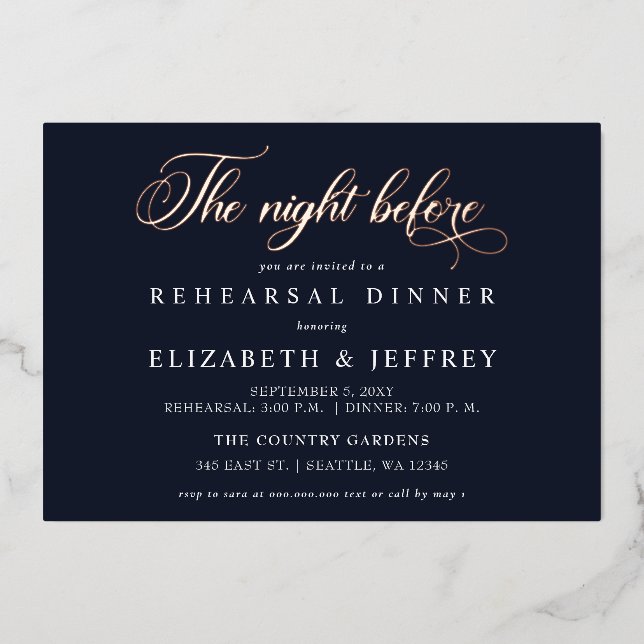 Navy Calligraphy The Night Before Rehearsal Dinner Foil Invitation (Front)