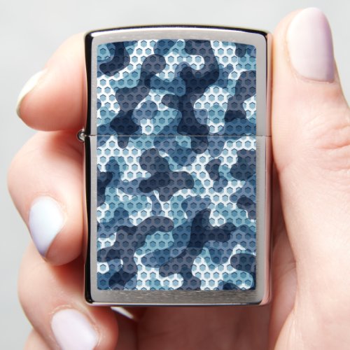 Navy camo design in in blue with grid pattern zippo lighter