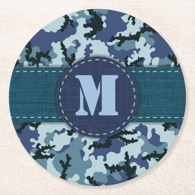 Navy camouflage round paper coaster (Front)