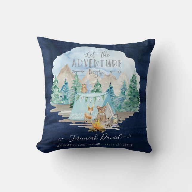 Navy Camping Adventure Forest Baby Boy Birth Stats Throw Pillow (Front)