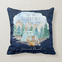 Navy Camping Adventure Forest Baby Boy Birth Stats Throw Pillow