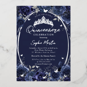 Navy Captivating Floral Butterfly Quinceanera Foil Invitation