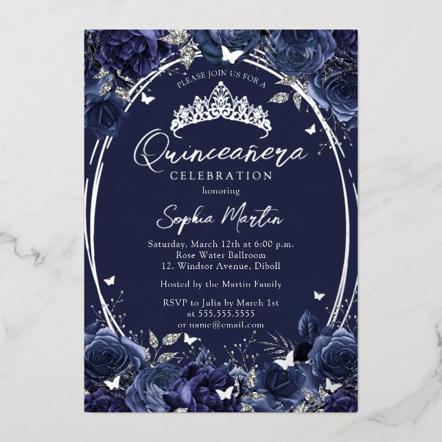 Navy Captivating Floral Butterfly Quinceanera Foil Invitation (Front)