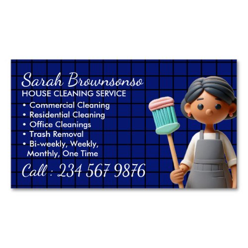 Navy Cartoon Cleaning Janitorial Lady Tile Washing Business Card Magnet