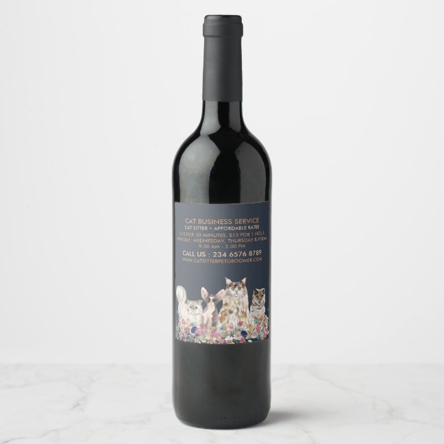 Navy Cat Sitter Kitten Pet Veterinary Wine Label