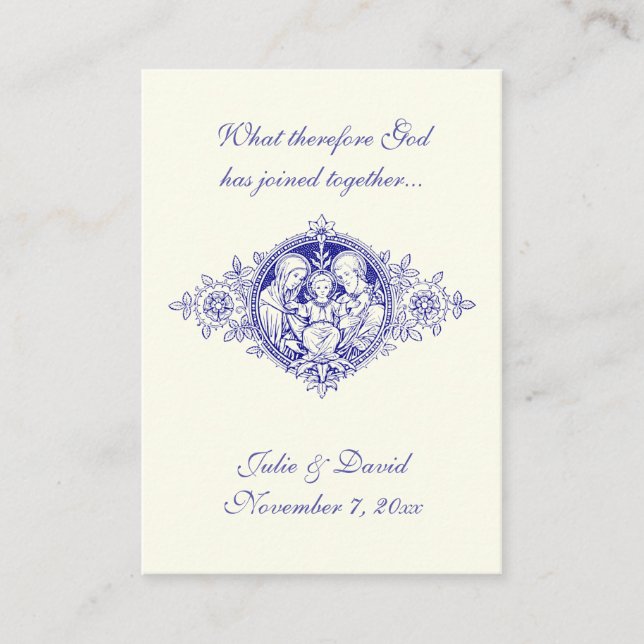 Navy Catholic Wedding Favor Holy Family Prayer Business Card (Front)