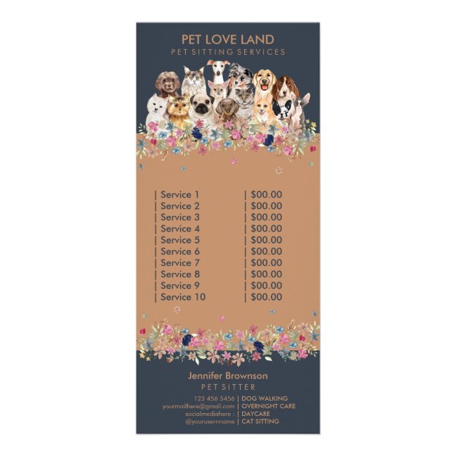 Navy Cats Dogs Price List Pet Services Rack Card