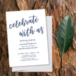 Navy Celebrate with Us Casual Modern Wedding Party Invitation<br><div class="desc">Invite your guests to your wedding celebration with the help of these minimal, sophisticated navy-on-white invitation cards. In the design I've used a casual, modern, handwritten font to create a graphic typography overlay reading "celebrate with us". Fill in the template blanks with your details to personalize the design. All layers...</div>