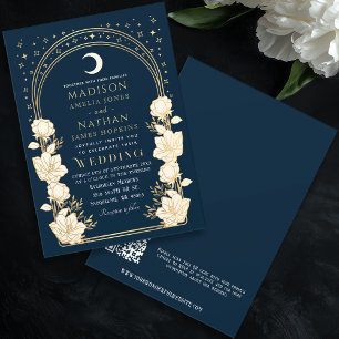 Navy Celestial Arch Art Nouveau QR Code Wedding Invitation