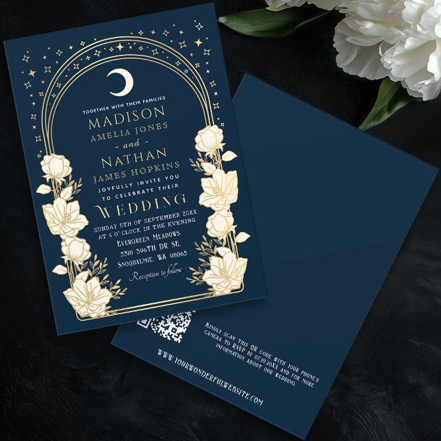 Navy Celestial Arch Art Nouveau QR Code Wedding Invitation (Creator Uploaded)