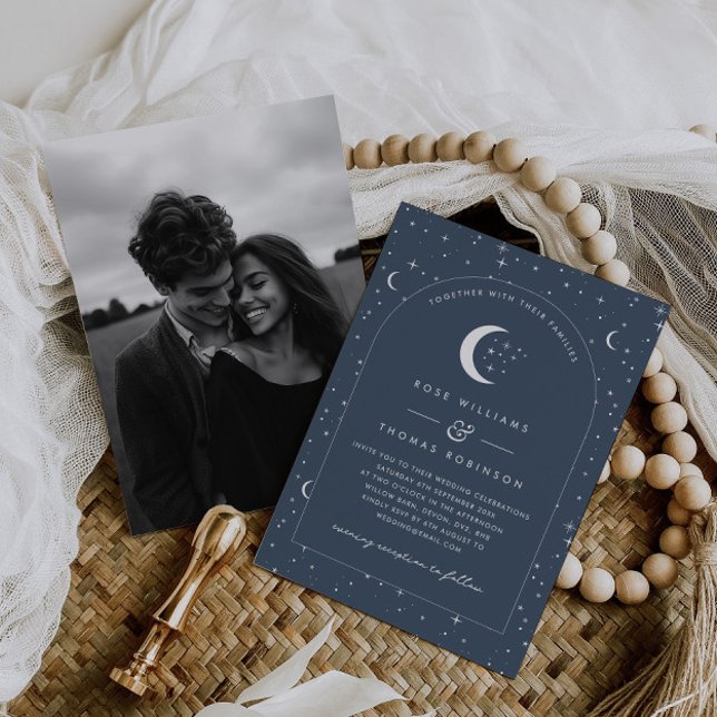 Navy Celestial Arched Wedding Invitation Photo (Zazzle Navy Celestial Arched Wedding Invitation Photo)