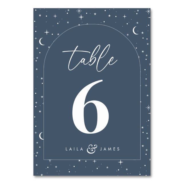 Navy Celestial Arched Wedding Table Number (Front)