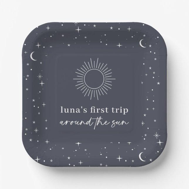 Navy Celestial First Trip Around The Sun Paper Plates (Front)