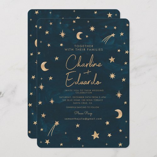 Navy Celestial Gold Stars Moon Astronomy Wedding Invitation