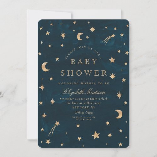 Navy Celestial Gold Stars Moon Baby Shower  Invitation