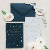 Gold Stars Moon Navy Celestial All in One Wedding Invitation