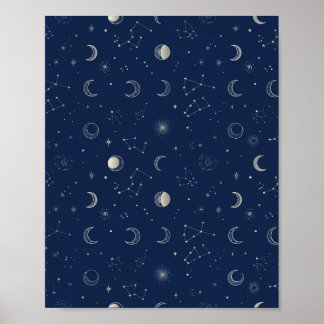 Navy Celestial Moon and Stars Art Poster