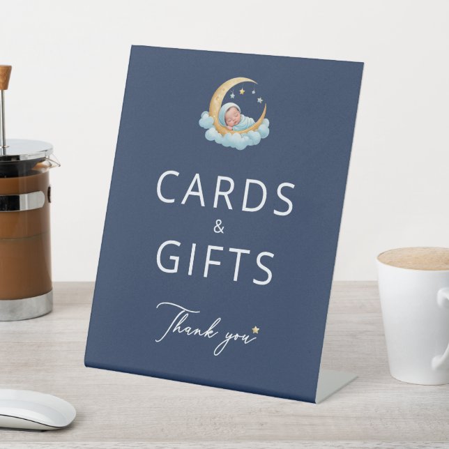 Navy Celestial Moon Baby Shower Cards and Gifts Pedestal Sign (In SItu)