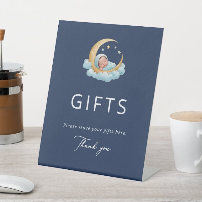 Navy Celestial Moon Baby Shower Gifts  Pedestal Sign (In SItu)