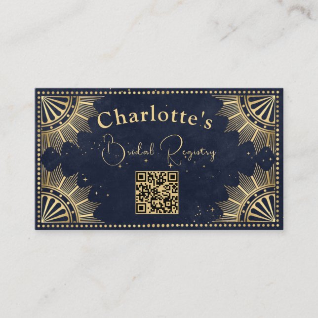 Navy Celestial Sun Moon Bridal Registry QR code Enclosure Card (Front)
