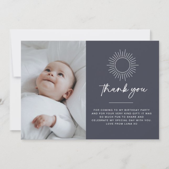 Navy Celestial Sun Photo Thank You Card (Front)