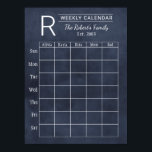 Navy Chalkboard Weekly Family Monogram Calendar Poster<br><div class="desc">Note: this is not an actual chalkboard. It is a poster made to look like one one. Personalize this custom weekly calendar print with your family monogram text, year established, title, and family member names. Frame your poster and use chalk pens to fill in your dates and activity information. Write...</div>