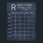 Navy Chalkboard Weekly Family Monogram Calendar Poster<br><div class="desc">Note: this is not an actual chalkboard. It is a poster made to look like one one. Personalize this custom weekly calendar print with your family monogram text, year established, title, and family member names. Frame your poster and use chalk pens to fill in your dates and activity information. Write...</div>