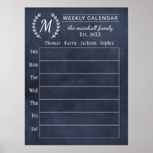 Navy Chalkboard Weekly Family Monogram Calendar Poster