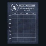 Navy Chalkboard Weekly Family Monogram Calendar Poster<br><div class="desc">Note: this is not an actual chalkboard. It is a poster made to look like one one. Personalize this custom weekly calendar print with your family monogram text, year established, title, and family member names. Frame your poster and use chalk pens to fill in your dates and activity information. Write...</div>