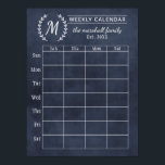 Navy Chalkboard Weekly Family Monogram Calendar Poster<br><div class="desc">Note: this is not an actual chalkboard. It is a poster made to look like one one. Personalize this custom weekly calendar print with your family monogram text, year established, title, and family member names. Frame your poster and use chalk pens to fill in your dates and activity information. Write...</div>