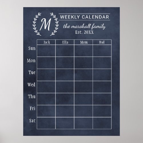 Navy Chalkboard Weekly Family Monogram Calendar Poster