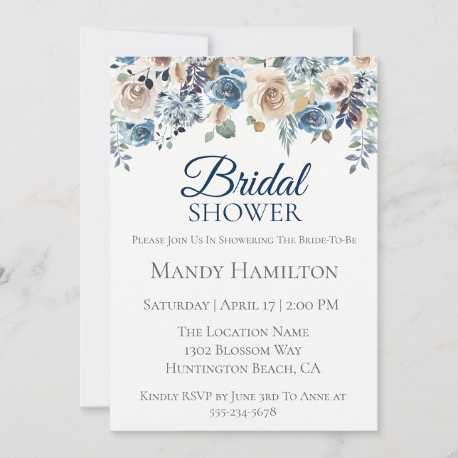 Navy Champagne Floral Bridal Shower Invitation (Front)