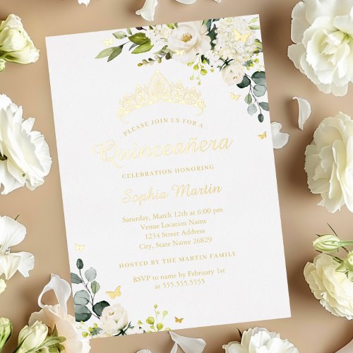 Navy Champagne Floral Gold Quinceanera   Foil Invitation