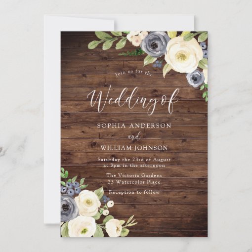 Navy & Champagne Flowers Rustic Wedding Invitation | Zazzle