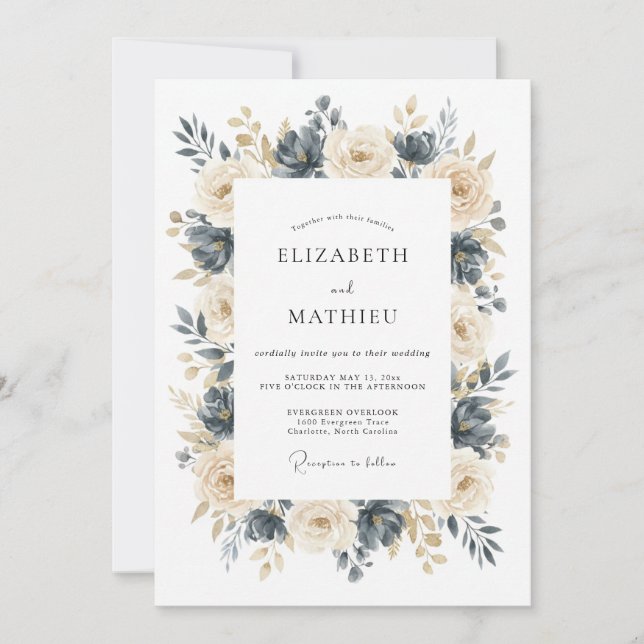 Navy Champagne Refined Floral Wedding Invitation (Front)