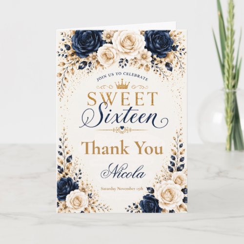 Navy Champagne Sweet Sixteen Thank You Card